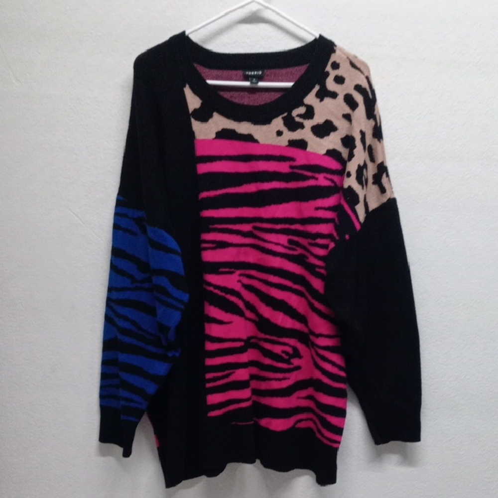 Torrid Black Pink Blue And Tan Zebra And Leopard Print Sweater